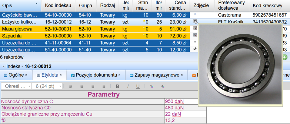 Tabela z listą zapasów magazynowych